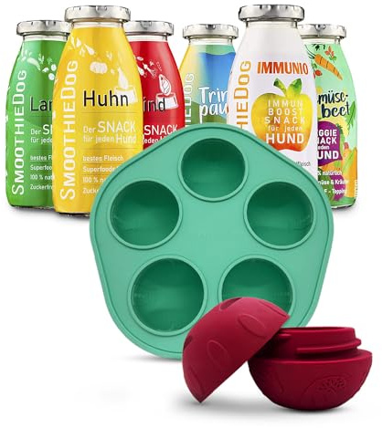 SmoothieDog Schleckball + SmoothieDog Hundesmoothie 6er Mix (250ml) - Schleckball für Hunde, Snackball, zur Beschäftigung, bpa frei, robust, befüllbar, zum einfrieren, spülmaschinenfest