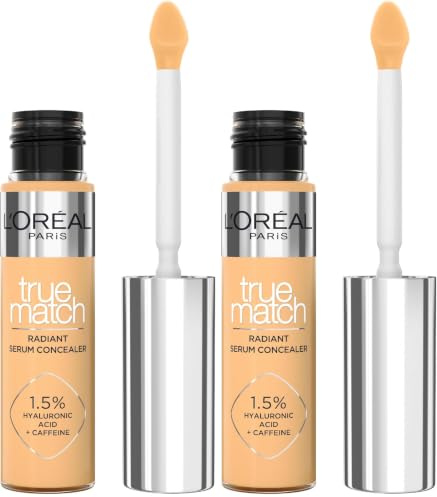 L'Oréal Paris Serum Concealer, Medium Coverage, Radiant Finish, With 1.5% Hyaluronic Acid and Caffeine, True Match, 6N, 10ml (Pack of 2)