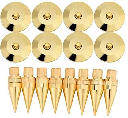 8 Pack Pure Copper Speaker Isolation Spikes & Pads, Gold Plated Height Adjustable Audio Vibration Damper for HiFi Speaker Amplifier CD Turntable