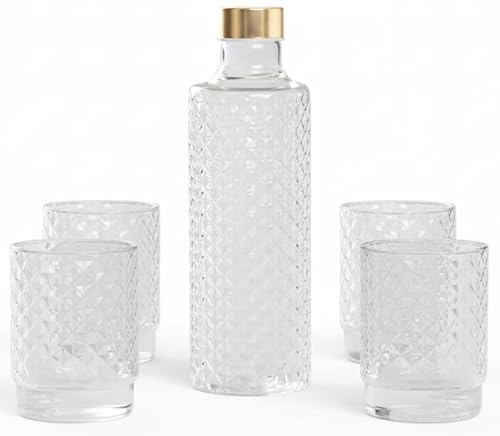 Zafferano Isolano 4er Trinkgläser Set mit einer Flasche (ca. 1L), 450 ml Bunte Wassergläser, Stapelbar, Spülmaschinenfest, Klar