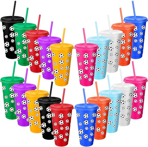 MSYU 20 vasos de plástico de fútbol con tapa y pajita, taza de regalo de Navidad, taza de 710 ml, vasos de plástico reutilizables para amantes del fútbol, hombres y mujeres, suministros de regalo de