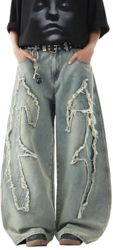 Zewool Herren Baggy Jeans Patchwork Stickerei Weite Hosen | Fransige Fransen, Hip-Hop, Y2K-Look der 2000er Jahre, Jeansstoff, locker bequeme Passform, Skateboard geeignet, casual
