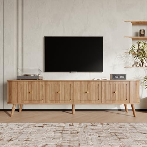 Meuble TV Moderne avec poignées dorées, Support TV avec Quatre Portes, Pieds en Bois, 180 x 38 x 47 centimètres