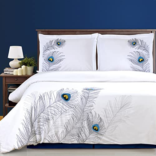 100% Cotton, 3-Piece Full/Queen Single Ply, Soft, Embroidered Peacock Duvet Cover Set, Silver