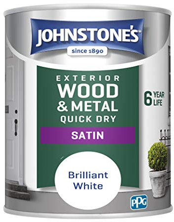 Johnstone's - Quick Dry Satin - Brilliant White- Satin Finish - Exterior Wood & Metal - Resistant to cracking & peeling - 6 years of life - 12m2 Coverage per Litre -750 ml (Pack of 1)