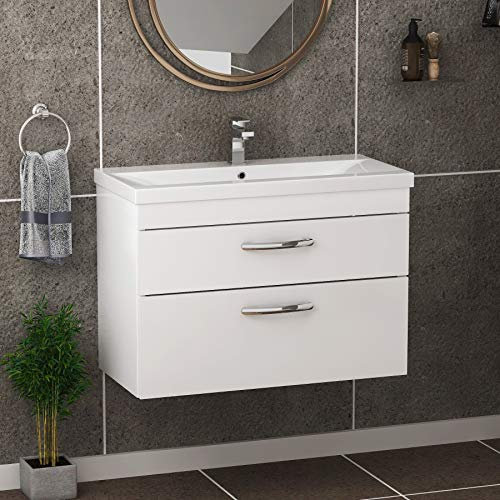 800mm Wall Hung Bathroom Vanity Unit Mid Edge Basin 2 Drawers Storage Cabinet Furniture - Gloss White