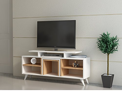Hanah Home Modern TV Unit with Wall-Mount Option, White & Teak, 120 cm | 100% Melamine Coated Particle Board, 18 mm Thick | Includes 2 Coffee Tables & Multiple Shelves