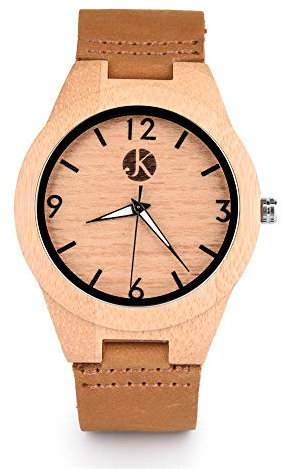 Kim Johanson Damen Bambus-Holz Armbanduhr *Classic Wood* in Braun mit echtem Lederarmband Handgefertigt Quarz Analog Uhr inkl. Geschenkbox