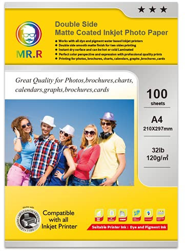 MR.R 120gsm/qm A4 beidseitig matt bedruckbar 100 Blatt Fotopapier doppeltes matt photo papier sofort trocken wasserfest hochweiß sehr hohe Farbbrillianz fuer Drucker Tintenstrahldrucker