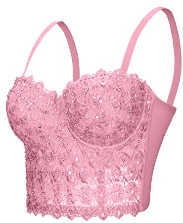 Woboren Mujer Corsé Bustier de Overbust Sujetador corsé de lentejuelas (Rosado, L)