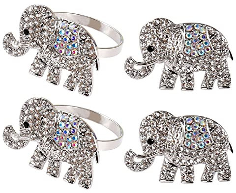 Getfitsoo Elefant Serviettenringe Set von 4, Silber Serviettenringe Halter Strass Serviettenring Halter Blume Serviettenhalter für Party Dekoration für Hochzeit Sommer Abendessen Tischdekoration