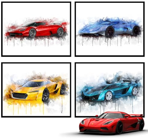 Auto-Poster – Auto-Wandkunst Set von 4 (25,4 x 20,3 cm) für Jungenzimmer | Auto-Wanddekoration Auto-Raumdekoration ungerahmte Poster Jugendzimmer Auto-Bilder Wand, Aquarell-Set 1