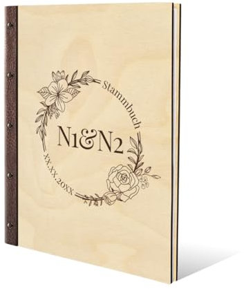 Stammbuch Gravur individuell Birkensperrholz Cover mit Echtleder Rücken inkl. vorgedruckte Seiten und Klarsichthüllen DIN A4 (240 x 310 mm) - Blumen Initialen