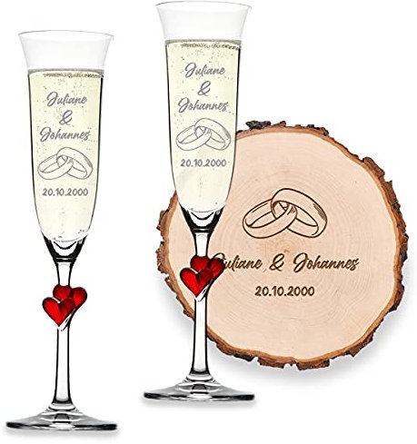 polar-effekt Hochzeitsgeschenk Set 3-TLG 1x Baumscheibe 16-19 cm Erlenholz und 2x Sektgläser mit Wunschgravur - personalisierte Geschenkidee - Hochzeit, Feier, Ehepaar - Motiv Ringe