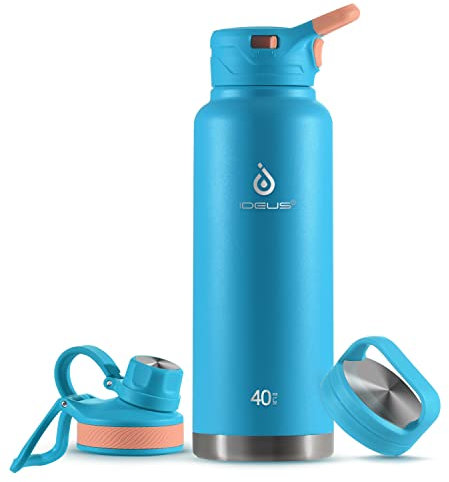IDEUS Vacuum Insulated Water Bottle, Stainless Steel Double Wall Flask Metal Sports Canteen with Leak-Proof Screw Cap (Blue Atoll, 40oz (1140ml))