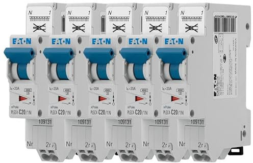 EATON 109131 PLGC4-C20/1N - DISJONCTEUR MODULAIRE PH/N - Blanc - MANETTE BLEUE - 1P+N / 20 A - COURBE C - Raccordement direct sans vis - 5 disjoncteurs