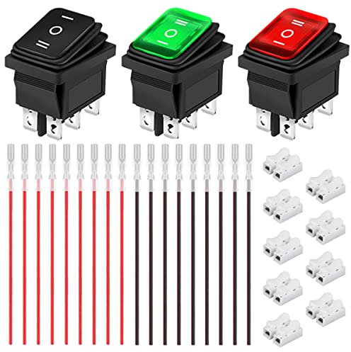 Xiatiaosann 3 uds interruptor basculante impermeable AC 16A/250V 20A/125V DPST encendido/apagado/encendido 3 colores (negro/rojo/verde) 6 pines 3 posiciones LED interruptor de palanca de coche