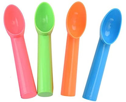 Paquete de 4 cucharas de helado de plástico antiadherentes anticongelantes para frutas, sandía, yogur, bola de melón, cuchara de sorbete (naranja, verde, azul, rosa)