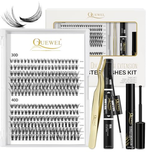 Individual Lashes 240 Cluster Lashes QUEWEL DIY Lash Extensions Kit, Clusters Eyelash Applicator, Cluster Lashes Bond and Seal Super Hold, Clusters Lash Glue Remover Easy to Remove(30D+40D D MIX8-14)