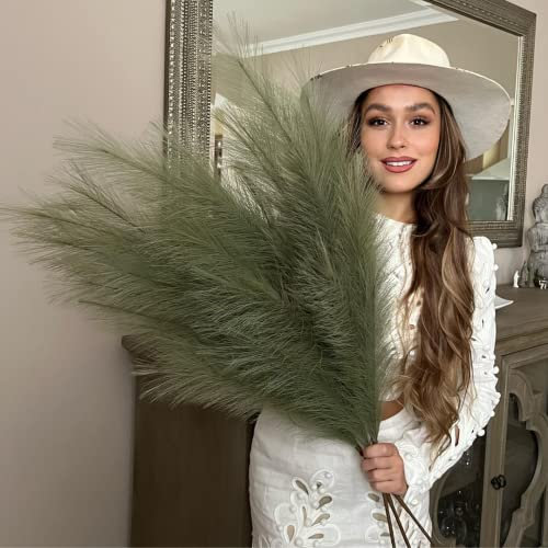 VOULUX Extra Large Tall Khaki Green Fake Faux Artificial Pampas Grass Large Fluffy x3 115cm Stems x18 Decorative Artificial Flora Feathers For Floor Vases Tall Plant Flowers Long Pampas Grass