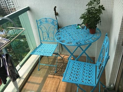 RNQZ 3 Piece Patio Furniture Outdoor Garden Metal Rust Proof Tables and Chairs Wrought Iron Folding Garden Terrace Leisure Outdoor Tables and Chairs Patio,Blue
