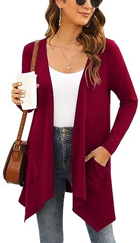 Yommay Strickjacken für Damen Elegante Langarm Damen Lässig Licht Cardigan High Low Saum mit Taschen,Weinrot,Groß