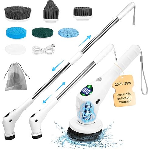 Electric Spin Scrubber, Mersyn Cordless Cleaning Brush with 8 Replaceable Heads, 3-Speed, USB Charging, Adjustable Extension Arm, Power Scrubber Mop for Tile Tub Kitchen Floor, White, 17*13*3 in