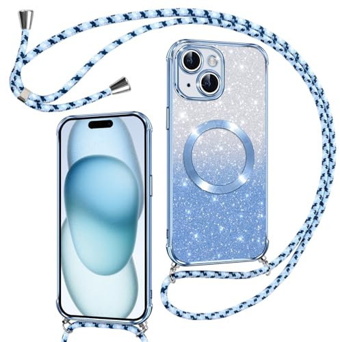 Phoona Couqe Magnétique pour iPhone 15 Con Cordon, Compatible avec MagSafe, Brillant Glitter Pailleté Antichoc Durable Résistante Etui Housse pour iPhone 15 Anti-Poussière Soft TPU Bumper, Bleu