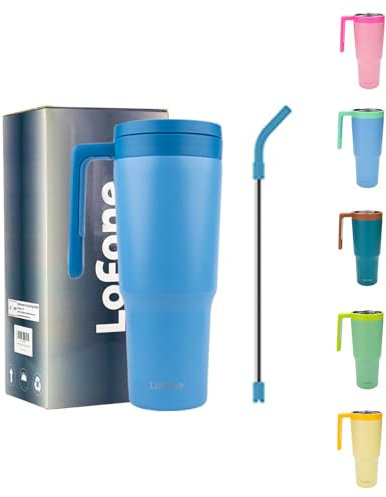 LoFone Bicchiere da 1200 ml con cannuccia, coperchio e manico, tazza da viaggio con manico, thermos per caffè caldo e freddo, a prova di perdite, tazza Stanleys isolata a prova di perdite (blu scuro)