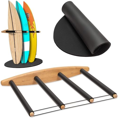 Hang 11 Vertical Surfboard Rack - Surf Racks for Wall, Sustainable Wooden Surf Board Holder with Rubber Mat, Wall Mount Storage, Vertical Paddle Board & SUP Garage Stand (4 arms / 3-4 boards)