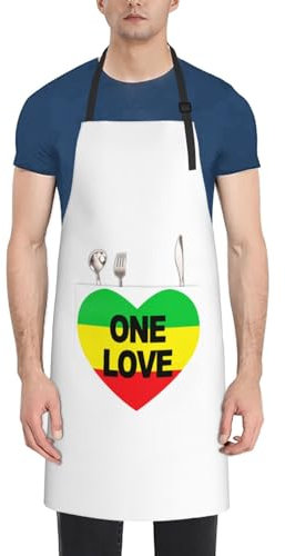 KWQDOZF Schwarze One Love Rasta wasserdichte Schürze mit Taschen für Küche, Latz, Garten, Restaurant usw. für Erwachsene