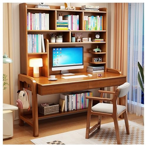 ExkaTe Höhenverstellbarer Schreibtisch aus Massivholz mit integriertem Bücherregal, vielseitiger Schreibtisch für Studenten und Erwachsene (Farbe: Walnuss+Stuhl A, Größe: 85 x 60 x 173 cm)