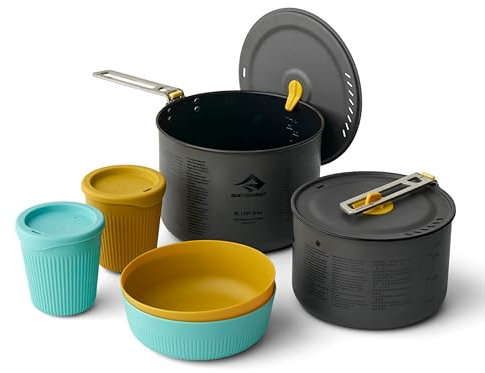 Sea to Summit - Frontier Ultralight Two Pot Cook Set - 4 People, 14 Piece - 2L & 3L Non-Stick Pots + Strainer Lid + 4 Bowls, Knives, Sporks - BPA-Free - Hard Anodised Alu Camping Cookware - 867g