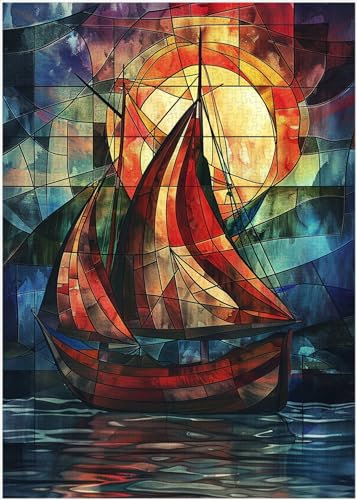 Stained Glass Sailing Boat Jigsaw Puzzle 300/500/1000 Piece (1000pc (50×75cm))