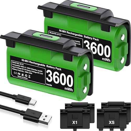 EXTREMECOOL - Rechargeable battery for Xbox Series X|S/One S|X/One Elite, Xbox Play and charging kit included 2 x 3600mWh X-1 batteries, 4 battery covers, USB C charging cable