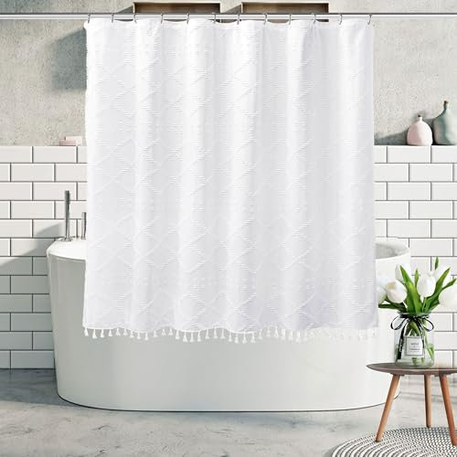 Rideau de douche court en tissu tissé bohème blanc avec pampilles, 183 x 167 cm, style ferme, moderne, minimaliste, touffeté, rayé, style shabby chic, résistant à l'eau, pour salle de bain, décoration