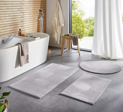 Taracarpet Badematte Homestyle rutschfest waschbar Badezimmerteppich Bad-Vorleger, WC Deko, Duschvorleger für Dusche und Badewannen sehr weich und als Set kombinierbar Grau Wellen 080x150 cm