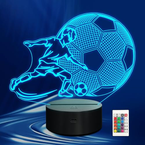 CoolGift Mart Fussball Geschenke, Fußball Nachtlicht Zimmer Schlafzimmer Deko, 3D Illusion Lampe mit Fernbedienung 16 Farben und Timer, Weihnachten und Geburtstag geschenk für Jungs Kinder Teens