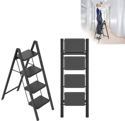 LZQ Scaletta pieghevole a 4 livelli, con pedale largo, leggera, antiscivolo, con chiusura a leva, portata fino a 270 kg, scala pieghevole per casa, cucina, colore nero