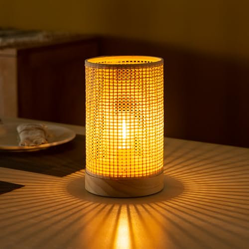 LUSHARBOR Battery Operated Lamp with Timer, Rattan Boho Table Light Battery Powered Beside Lamps Small Cordless Lamp for Kids Room Entryway Home Decor