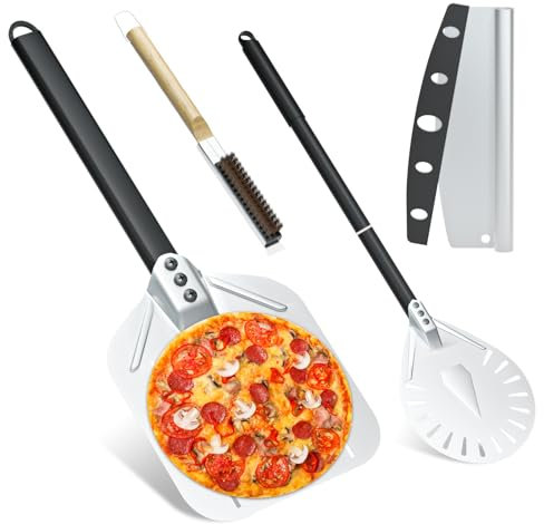 Lot de 4 pelles à pizza perforées de 30 cm + pelle a pizza Ronde 9 pouces en Aluminium + Roulette à pizza professionnelle + brosse de nettoyage pour four à pizza en Poils en Fibre de Palmier