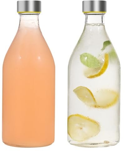 LIMILI Glass Bottles, 1 litre Glass Water Bottle with Stainless Steel Lids, Leak Proof Reusable for Hot Cold Drinks Party Home Kitchen (2PCS - ROUND)