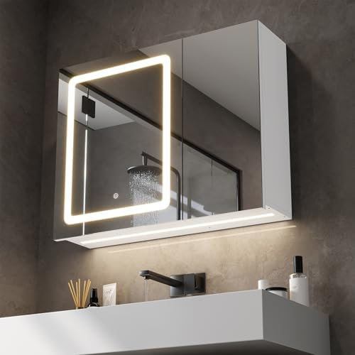 KIMENICH Spiegelschrank mit 2 LED Streifen, Badspiegelschrank mit Beleuchtung, 3 Farbtemperatur Dimmbar, 2 Türen, Verstellbare Ablage, 70 X 60 X 16.5 cm, Badezimmer