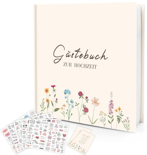 Hochwertiges Hochzeit Gästebuch Vintage, Gästebuch Blanko mit Aufkleber Hochzeit, Gästebuch zum Ausfüllen und Fotos Einkleben,Hochzeitsbuch Ideal für Brautpaar Erinnerungen,Hochzeit Deko (Wildflowers)