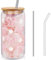 Hebterrka Aesthetic Clean Girl Trinkglas Mit Deckel und Strohhalm, Glas Mit Pinkem Schleife, Inklusive Glasstrohhalm, Eisenstrohhalm und Reinigungsbürste