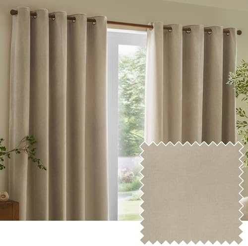 Yard Heavy Chenille Eyelet Curtain Pair (Linen, 229 x 183 cm) | Lined Room Darkening Soft Velvet Curtains