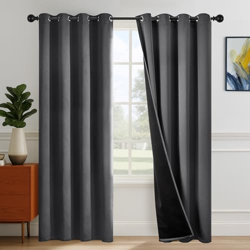 Deconovo Rideau 100% occultant， Opaques à œillets, Rideaux isolants Thermiques pour Salon, Thermique et phonique, 140x214 CM(Largeur x Hauteur, Gris Foncé, Lot de 2