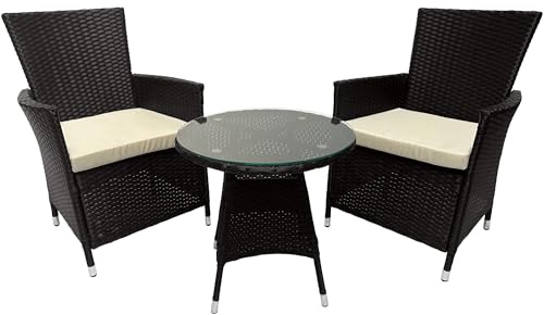 CLP Gartenmöbel-Set Fireda, 3-teilige Sitzgarnitur, aus PE-Rattan, mit Couchtisch, inkl. Sitzkissen & Tischplatte aus Sicherheitsglas | Farbe Dunkelbraun