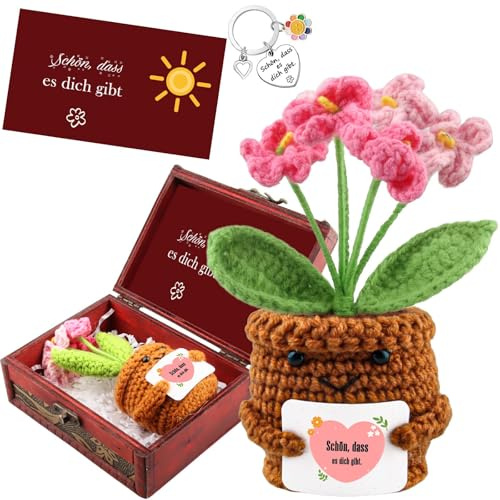 EKKONG Dankeschön Geschenke, Pocket Hug Deutsch Gestrickte Rosa Blumenpuppe, Emotional Support mit Schatztruhe Schlüsselanhänger & Grußkarte, Positive Glücksbringer Geschenke für Freunde Kollegen (F)