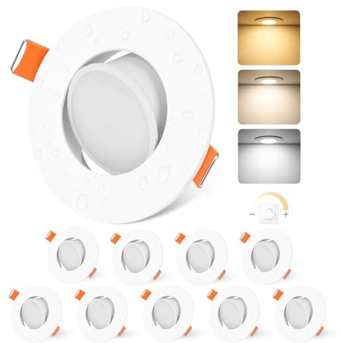 YindaLux 10x LED Einbaustrahler 230V Dimmbar 5W IP44 Weiß Loch 68-80 mm | 550lm, 120° 3 Lichtfarben Warmweiß/Neutralweiß/Kaltweiß, 45° schwenkbar, Flimmerfrei, für Badezimmer, Küche und Wohnzimmer